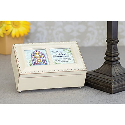 Cottage Garden First Communion God Bless You Matte Ivory Jewelry Music Box Plays Ave Maria