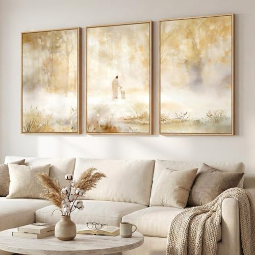 Large Framed Christian 3 Piece Wall Art Jesus Leaves the 99 Sheep, 24X36 in - color: Leaves the 99, size: 24"W x 36"H