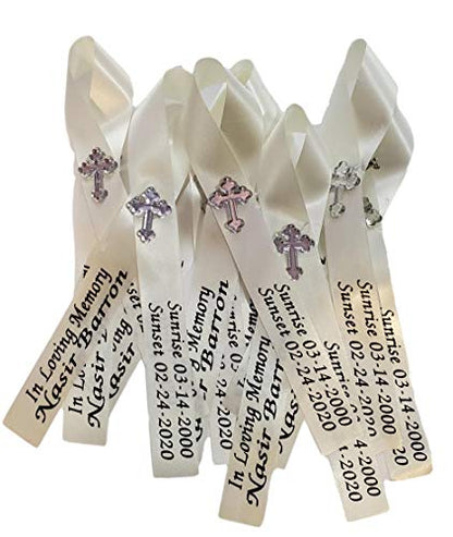 Personalized Memorial Service Funeral Ribbon Pins 20 Cross Religious Celebration of Life Custom Made Awareness Remembrance Anniversary Death Cross Sympathy Name Angel - color: Ivory