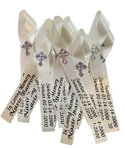 Personalized Memorial Service Funeral Ribbon Pins 20 Cross Religious Celebration of Life Custom Made Awareness Remembrance Anniversary Death Cross Sympathy Name Angel - color: Ivory