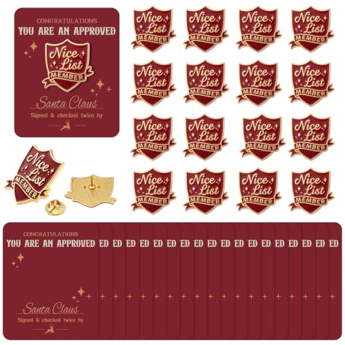 Quelay 30 Sets Santa Nice List Enamel Pin with Card Bulk Father Christmas Good List Badge Brooches Letter Gifts for Christmas Eve Stocking Fillers Clothing Backpack Hat Decor Party Favor - style: Santa Nice List