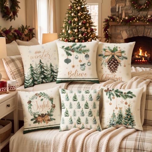FuWeave 6 Set Christmas Throw Pillow Covers 18x18 Inch Neutral Winter - style: Christmas Tree