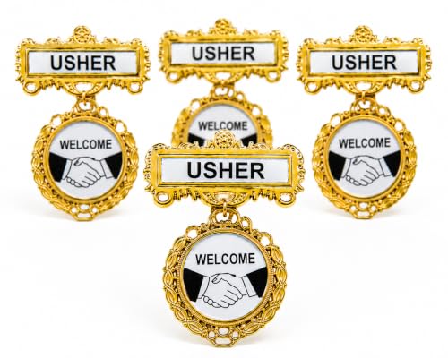 Church Usher Badge Pin Set of 4 – Premium Golden Metal Welcome Usher Name Badges with Secure Pin Back, Large Easy-to-Read Hospitality Ministry Identification for Church Greeters, Volunteers, Conferences & Events