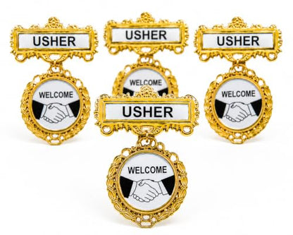 Church Usher Badge Pin Set of 4 – Premium Golden Metal Welcome Usher Name Badges with Secure Pin Back, Large Easy-to-Read Hospitality Ministry Identification for Church Greeters, Volunteers, Conferences & Events