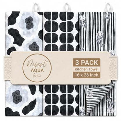 Kitchen Towels, Dish Towels for Kitchen, 3 Pc Kitchen Towel Set - color: Black/Gray