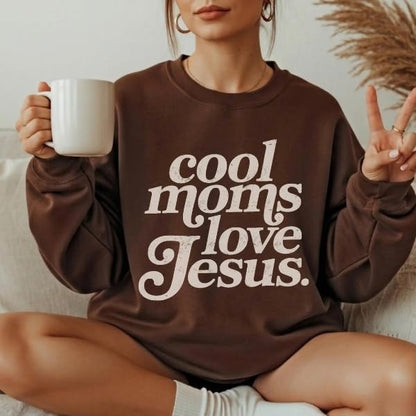 FITIN Cool Moms Love Jesus Christian Graphic Crewneck Sweatshirt – Distressed Design Faith-Based Pullover - color: Brown, size: Large