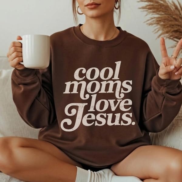 FITIN Cool Moms Love Jesus Christian Graphic Crewneck Sweatshirt – Distressed Design Faith-Based Pullover - color: Brown, size: Medium