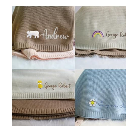 IZI POD Personalized Knit Baby Blanket, Embroidered Name Nursery Blanket, Cotton Knit Stroller Blankets, Gift for Baby, Birthday - Style 8 - color: Custom 5