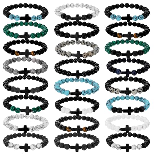 24 Pcs Cross Bracelet for Men Women, 8MM Natural Stone Christian Bracelets Bulk, Easter Bracelets for Adults, Beaded Cross Bracelet Bulk with Turquoise Tiger Eye Stone Natural