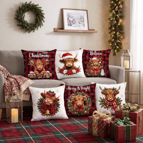 FuWeave 6 Set Christmas Pillow Covers 18 x 18 Highland Cow Pillow Case - style: Highland Cow Buffalo Plaid