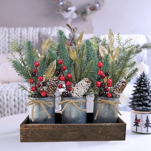 Winlyn Christmas Floral Arrangement Farmhouse Centerpiece Faux Pine Branches Pinecone Red Berry Stems Glitter Leaves Christmas Picks in Galvanized Pots with Wood Box for Holiday Table Décor
