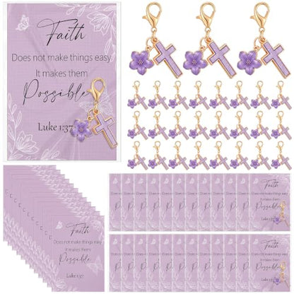Unittype 36 Sets Christian Keychains Cross Charms for Women - style: Purple Flower