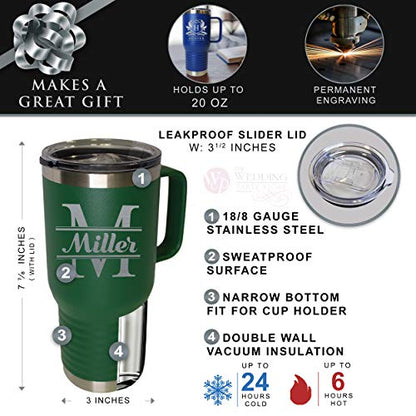 Custom Personalized 20 oz Stainless Steel Powder Coated Vacuum Insulated Double Walled Travel Tumbler Coffee Mug with Handle and Lid (Green) - color: Green