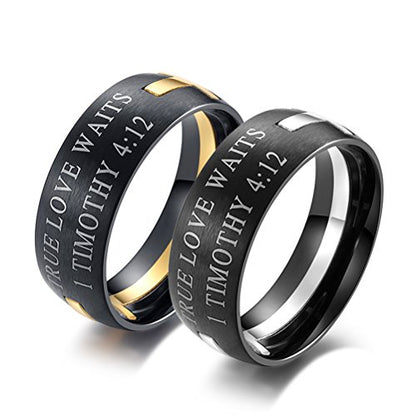 Men's Stainless Steel 8MM Bible Verse Christian Purity Cross Ring Band 1 Timothy 4:12 - color: Black Silver