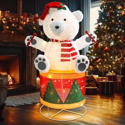 4 FT Lighted Christmas Drum Bear, Pre‑Lit Outdoor Yard Decor - size: 48''*31.5''