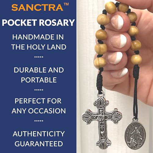 Pocket Rosary, Prayer Beads with Saints Medal and Cross/Crucifix - style: St Michael, 10 Beads, Natural Wood, One Decade
