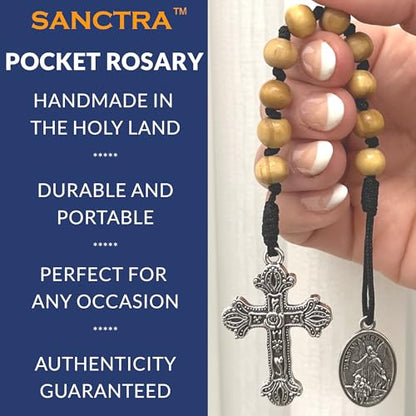 Pocket Rosary, Prayer Beads with Saints Medal and Cross/Crucifix - style: St Michael, 10 Beads, Natural Wood, One Decade