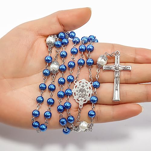 Nazareth Store Pearl Beads Rosary White Our Father Beaded Necklace Lourdes Medal & Cross Crucifix Spiritual Devotion - color: Blue