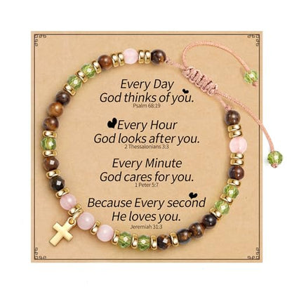 Cross Bracelets for Women Girls, Christian Gifts for Women Natural Stone Beaded Bracelets First Communion Confirmation Baptism Gifts Catholic Easter Christmas Inspirational Gift Jewelry - color: Brown - Every Day