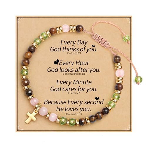 Cross Bracelets for Women Girls, Christian Gifts for Women Natural Stone Beaded Bracelets First Communion Confirmation Baptism Gifts Catholic Easter Christmas Inspirational Gift Jewelry - color: Brown - Every Day