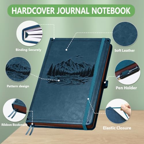 A5 Mountain River Leather Journal, 300 Pages Lined Notebook, Blue Vintage Pattern Hardcover Notebook for Travel Diary, Business, Work and School Daily Writing - style: Mountain River