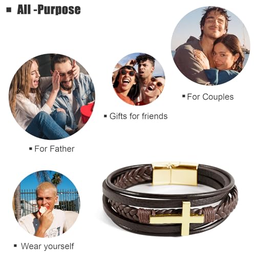 Leather Bracelet for Men Braided Stainless Steel Mens Bracelets - color: Brown-GoldCross