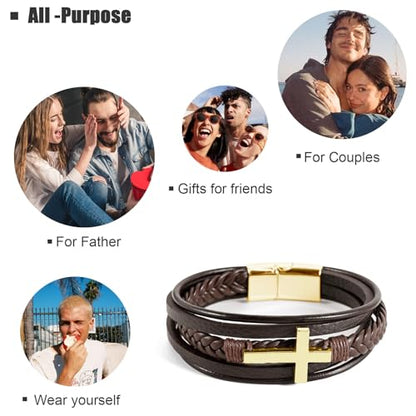 Leather Bracelet for Men Braided Stainless Steel Mens Bracelets - color: Brown-GoldCross