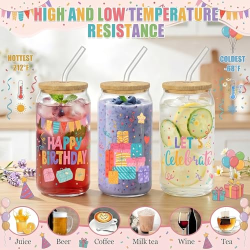 Glass Cups with Lids and Straws, 4Pack, 16oz, Birthday Party - color: Happy Birthday