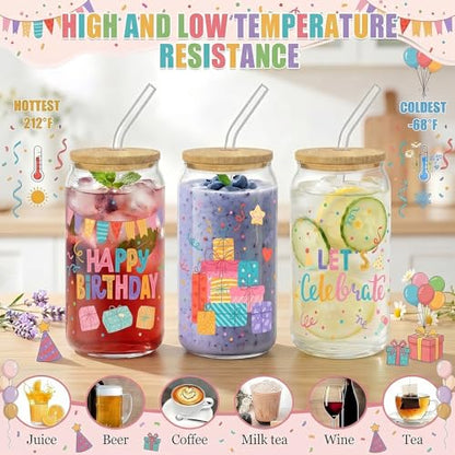Glass Cups with Lids and Straws, 4Pack, 16oz, Birthday Party - color: Happy Birthday
