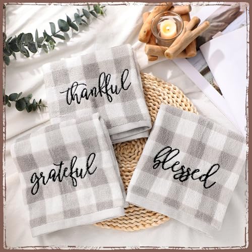 3 Pcs Gray Plaid Farmhouse Hand Towel Blessed Thankful Grateful Embroidered - color: Farmhouse, size: 13.3 x 29.5 inches