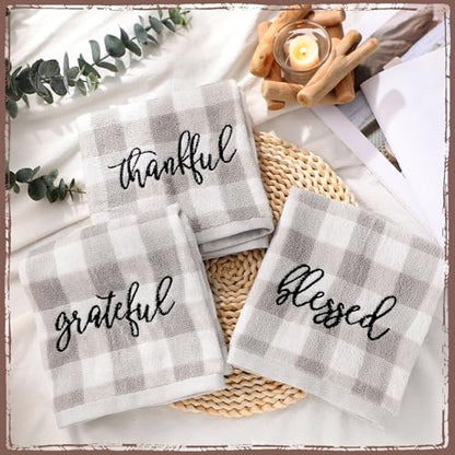 3 Pcs Gray Plaid Farmhouse Hand Towel Blessed Thankful Grateful Embroidered - color: Farmhouse, size: 13.3 x 29.5 inches