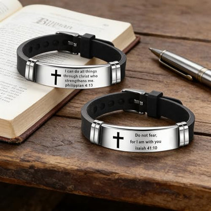 2Pcs Inspirational Quote Cross Bracelets Faith Christian Bible Verse Silicone ID Wristband Religious Bracelet Set Gift for Men Women - style: BR020-1/015