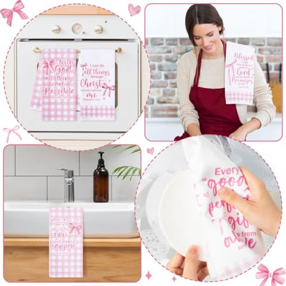 R HORSE 5 Pack Pink Bow Bible Verse Kitchen Dish Towels - color: Christian Pink Bow