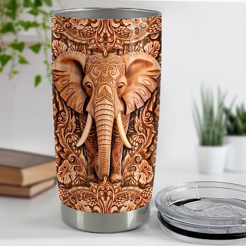 SANDJEST Elephant Tumbler 20oz Elephants Wood Drawing Stainless Steel Insulated Tumblers Coffee Travel Mug Cup Gifts for Women Men Elephant Gift for Birthday Christmas - color: Elephant