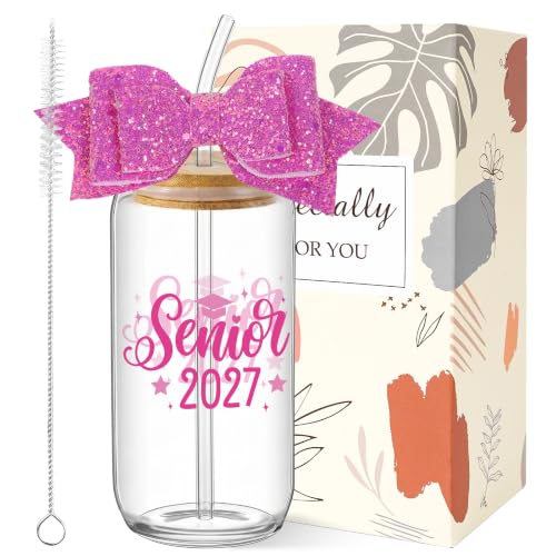 Class of 2027 Senior Gifts - Senior 2027 Pink Glass Tumbler with Glitter Bow, Graduation Gift for Girls Women Player College High School Daughter Friends Graduates - style: pink senior