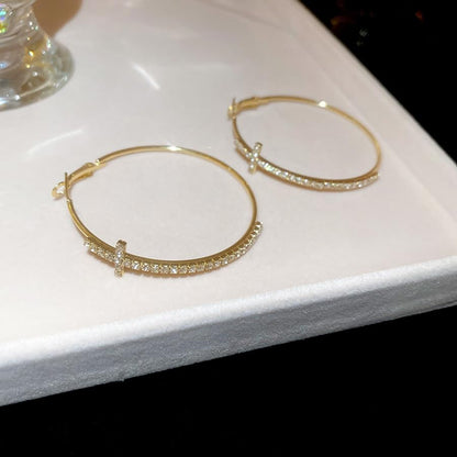 Cross Hoop Earrings for Women Trendy Large Cross Rhinestone Sparkly Hoop Earings Prom Wedding Party Formal Jewelry - color: gold E3