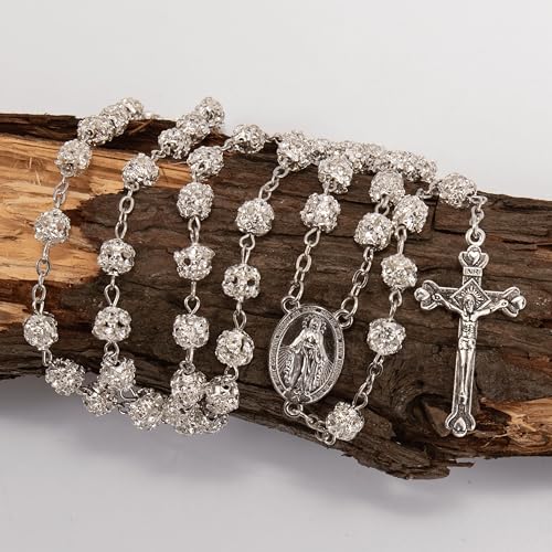 Nazareth Store Colorful Zirconia Crystal Beads Rosary Silver Catholic Necklace with Miraculous Medal Cross Crucifix Multicolor Rosaries in Velvet Bag - color: Clear