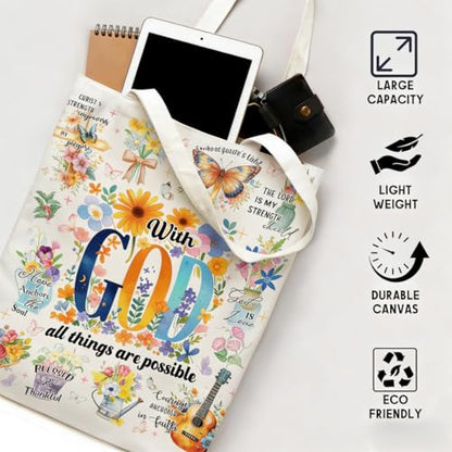Canvas Tote Bags Reusable Shopping Bag for Women with Zippered Inner Pocket Magnetic Snap Closure - color: God