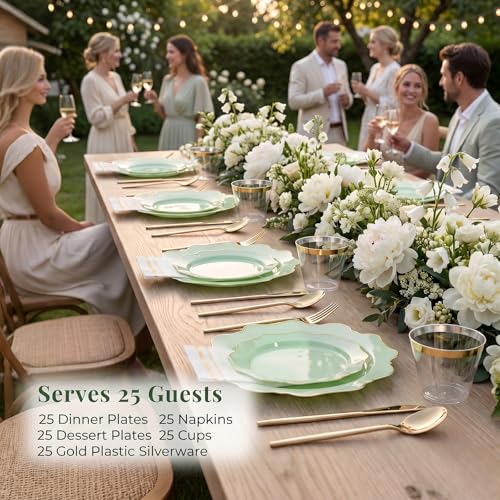 WDF 175Pcs Sage Green Plastic Plates With Gold Rim - Disposable Sage Green Plates 25guest Disposable Dinnerware Ideal for Party/Wedding/Holidays - color: Sage Green, size: 175 pieces