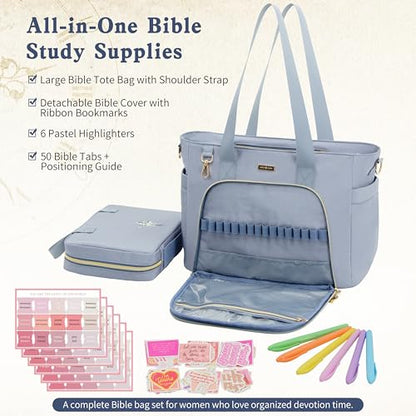 Large Bible Bag for Women, 2-in-1 Bible Tote with Detachable Embroidered Bible Cover & Study Supplies, Church Bible Study Bag, Gift-Ready Christian Gift for Women (Blue) - color: Blue