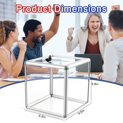 Large Donation Box with Lock, Acrylic Ballot Box with Slot 10 x 10 x 10 Inch, Suggestion Box with Lock Cash Storage Container for Fundraising Voting Charity Contest Tip