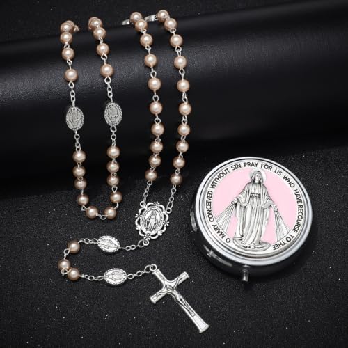 KOMI 6mm Glass Pearl Rosary Beads Catholic for Women with Metal Rosary Box Religious Gifts - style: Virgn Mary-pink