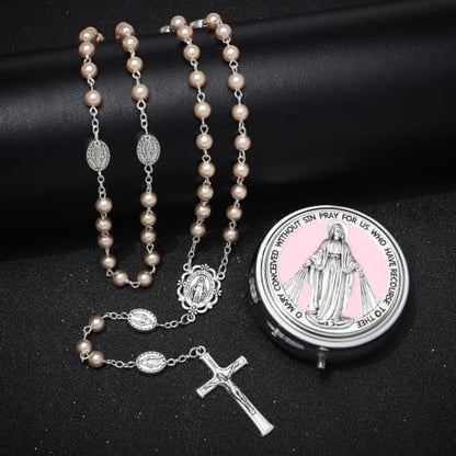 KOMI 6mm Glass Pearl Rosary Beads Catholic for Women with Metal Rosary Box Religious Gifts - style: Virgn Mary-pink