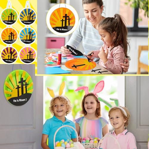 Lunmon 24 Sets Easter Crafts for Kids Bulk Resurrection Paper Plates Crafts Kit with He is Risen Colorful Paper DIY Easter Plates for Family Sunday School Classroom Activity - color: Cross