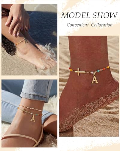 TOBENY Colorful A-Z Initial Cross Gold Ankle Bracelets for Women Waterproof - color: Initial Cross Anklet-E
