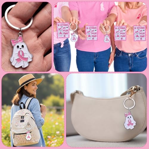 Yinkin 24 Sets Breast Cancer Awareness Keychians with Cards Bulk Pink Ribbon Halloween Ghost Bow Keychains Accessories for Women Survivor Public School Charity Events Gift Supplies - style: Pink Ghost