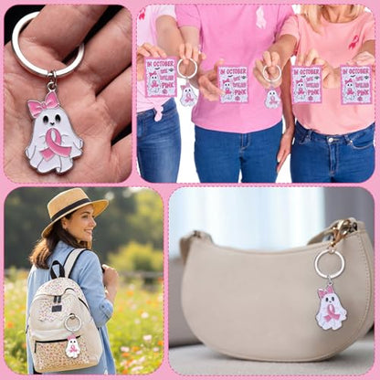 Yinkin 24 Sets Breast Cancer Awareness Keychians with Cards Bulk Pink Ribbon Halloween Ghost Bow Keychains Accessories for Women Survivor Public School Charity Events Gift Supplies - style: Pink Ghost