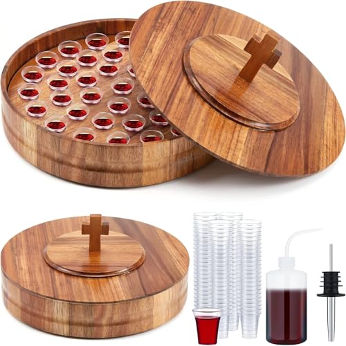 Zhehao 1 Set Wood Communion Tray Set for Church Holy Serving Tray with Lid Elegant 40 Cup Holders and 100 Disposable Communion Cups for Worship Service(Acacia Wood Style) - style: Acacia Wood Style