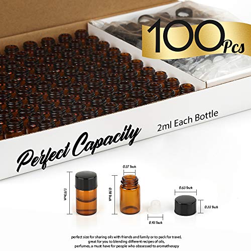 Teenitor 100Packs Essential Oil Bottles, Amber Glass Bottle, Essential Oil Bottle 2Ml Bottles, Small Oil Vial Sample Bottles 2ML 0.068OZ - size: 2ML