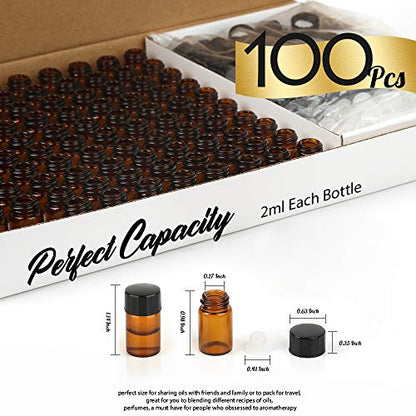 Teenitor 100Packs Essential Oil Bottles, Amber Glass Bottle, Essential Oil Bottle 2Ml Bottles, Small Oil Vial Sample Bottles 2ML 0.068OZ - size: 2ML